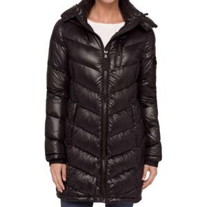 Andrew Marc Loden packable puffer DOWN Shiny Black Long Coat Jacket sz XS